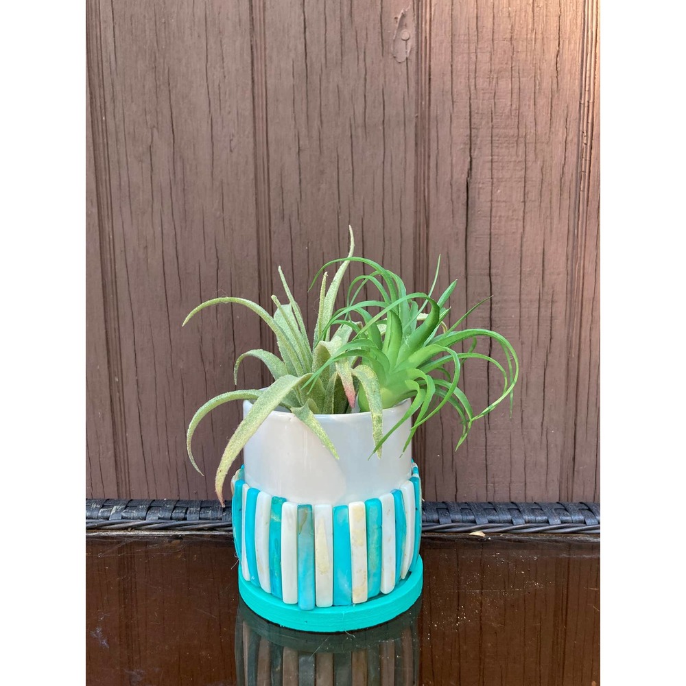 Upcycled Blue & White Mother of PEARL Planter With Drainage Hole
